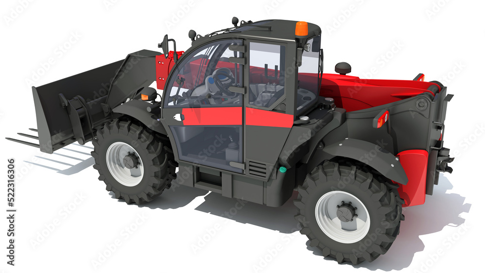 Telehandler heavy construction machinery 3D rendering on white background