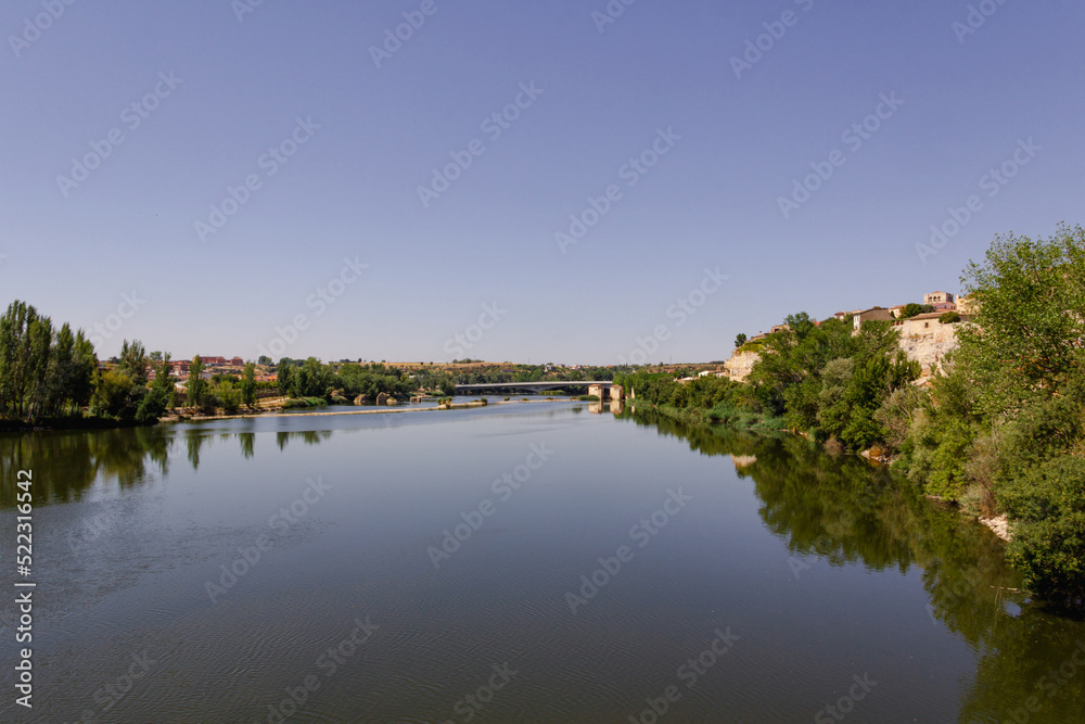 The Duero River as it passes through the city of Zamora in Spain. Copy space. Selective focus.