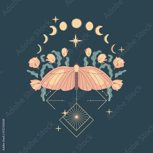 Magic moon night garden with insect moths flowers and plants