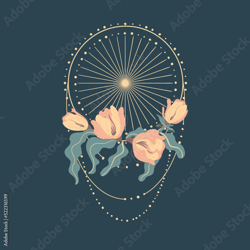 Magic moon night garden with insect moths flowers and plants
