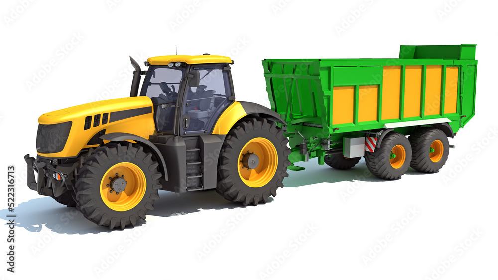 Farm Tractor with Trailer 3D rendering on white background