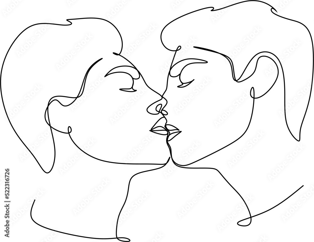 Hand drawn couple line art vector illustration. Man kiss sketch. Happy