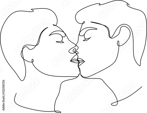 Hand drawn couple line art vector illustration. Man kiss sketch. Happy together. Lovers outline drawing. Love concept. Gay couple kissing. Lgbt concept.Gay Couple line vector illustration. Love print.