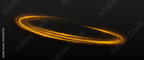 Luminous twirl circles with light effect. Magic light trail with sparkles particles. Space wavy lines twinkle on transparent background.