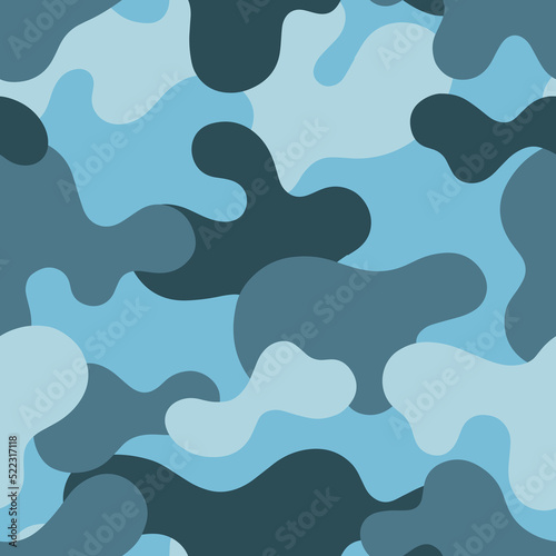 Blue camouflage, sea water camouflage, vector seamless pattern in the style of doodles, hand drawn