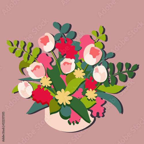 Fototapeta Naklejka Na Ścianę i Meble -  Bouquet of flowers with pink tulips and fuchsia, green branches, leaves, in a box with shadows