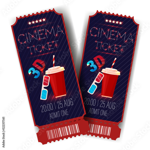Cinema vector tickets isolated on white background. 3d cinema ticket. Realistic front view illustration.
