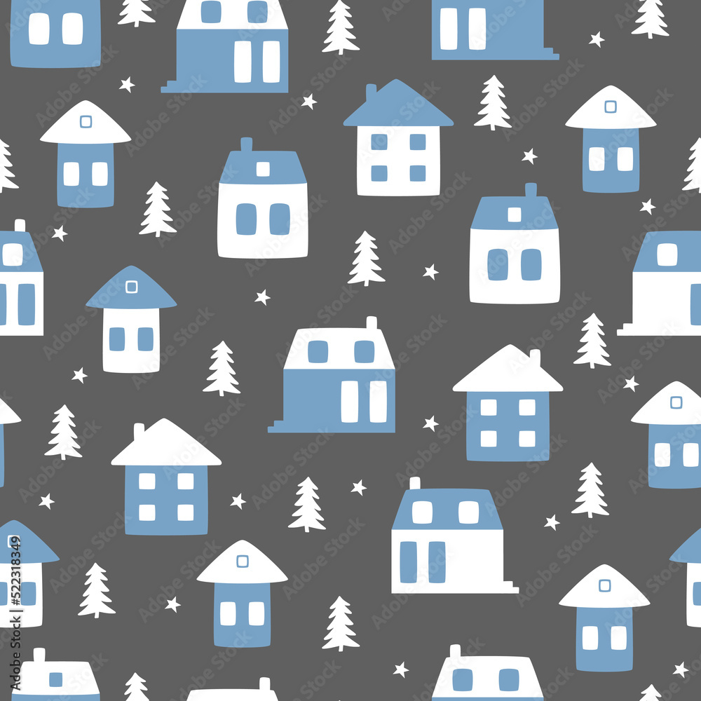 Funny seamless vector pattern with houses, stars and Christmas tree. Can be used  for fabric, phone case and wrapping paper.