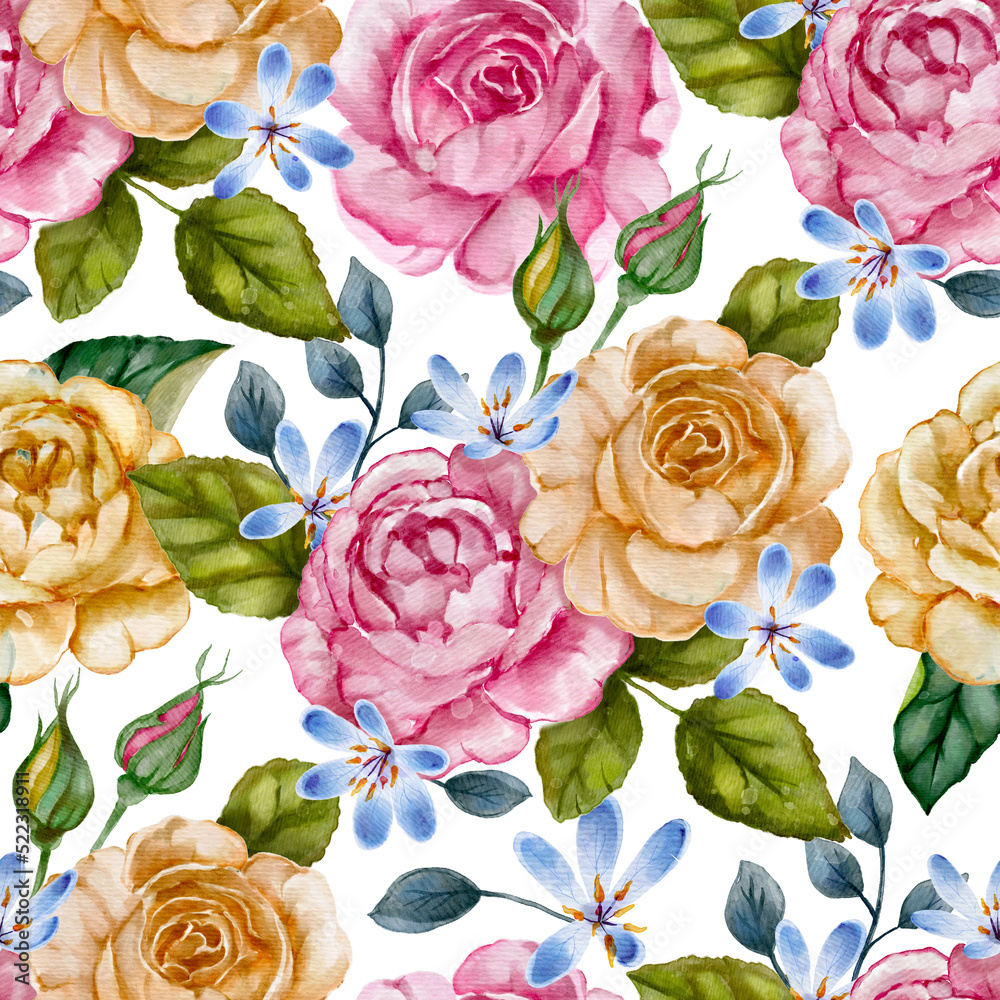 Watercolor rose romantic retro seamless pattern.