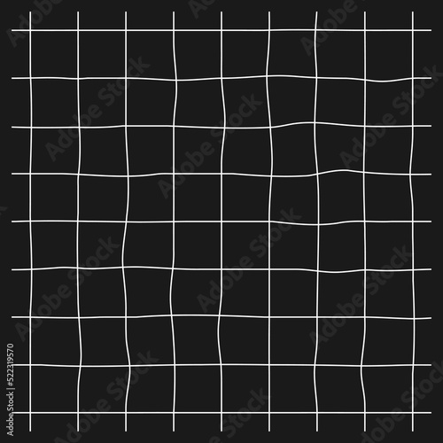 Grid, a cells in the form of deformed continuous, white lines on a black background. Distortion cross strokes. Isolated object. Isolated object. Vector illustration.