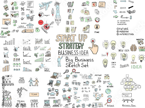 MEGA set of Business icons computer, media, social network, web, communication, mobile; Graph, diagram, approximation, statistics; team, idea, plan, goods. Vector doodle sketch hand drawn illustration