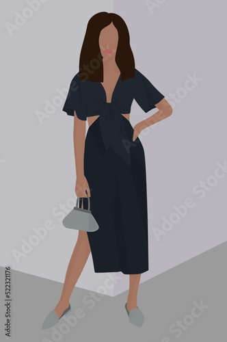 Vector flat image of a girl in a temo blue midi dress. Lady in a summer dress with a bag and mules. Design for cards, avatars, backgrounds, templates, textiles, banners. 