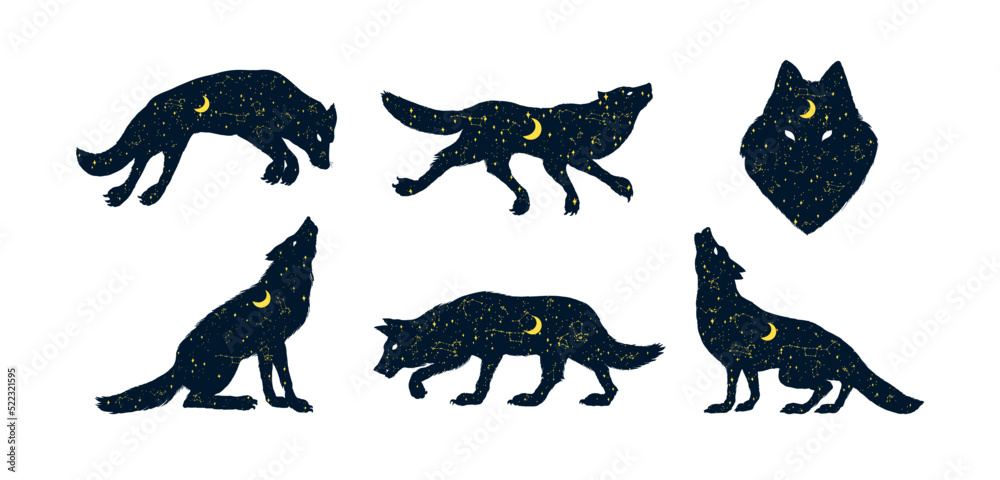 The wolf howling at the moon. Silhouette of Magical animal with crescent moon and stars in the night. Pagan totem. Halloween icons for Sticker, print or tattoo The wolf howling at the moon. Silhouette of Magical animal with crescent moon and stars in the night. Pagan totem. Halloween icons for Sticker, print or tattoo