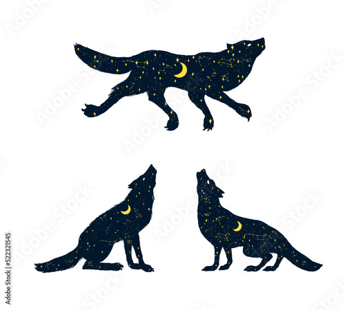 Fototapeta Naklejka Na Ścianę i Meble -  The wolf howling at the moon. Silhouette of Magical animal with crescent moon and stars in the night. Pagan totem. Halloween icons for Sticker, print or tattoo