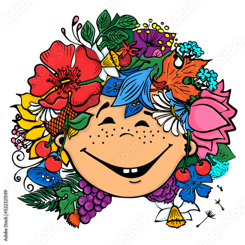 Ukrainian girl smiles in a wreath of colorful flowers