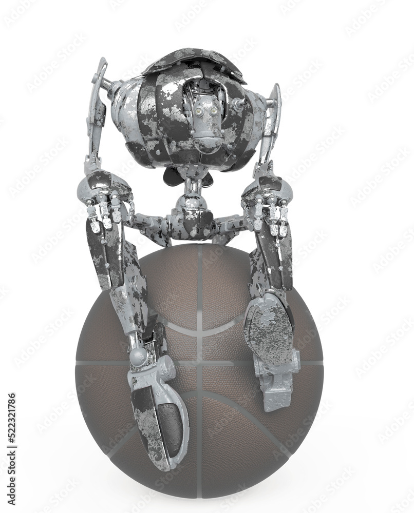 out of date robot is sitting on the basketball ball in white background - obrazy, fototapety, plakaty 