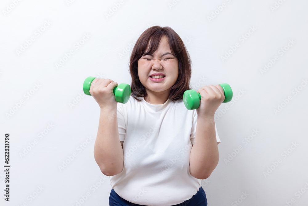 Isolated Plump Body Woman Hold Dumbbell with Weight Lifting Pose Isolated Plump Body Woman Hold Dumbbell with Weight Lifting Pose