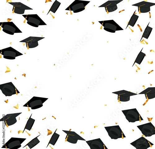 Graduation. Transparent background with realistic flying black degree caps confetti balloons and diplomas. Vector image school and university education banner with gold glitter on white background