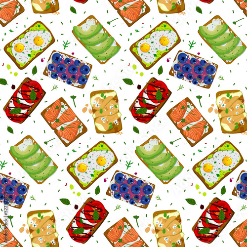 Set of different toasts with various toppings vector pattern. Healthy food with toasted bread, fresh vegetables, eggs, tomatoes, salmon, avocado, pear, honey, blueberry, mozzarella ingredients. 