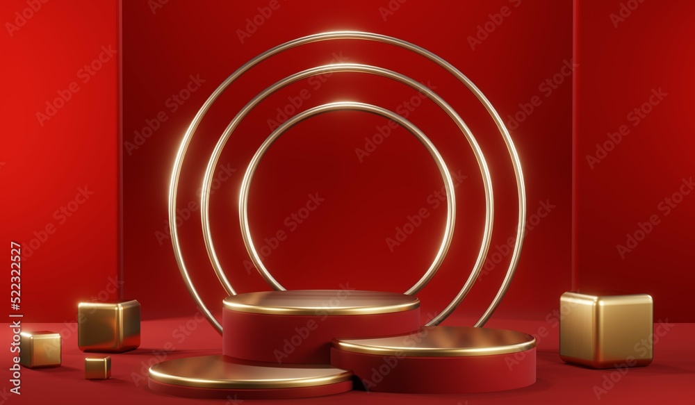 Obraz premium 3D rendering of blank product background for cream cosmetics Modern red podium background