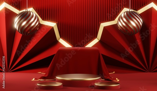 3D rendering of blank product background for cream cosmetics Modern red podium background