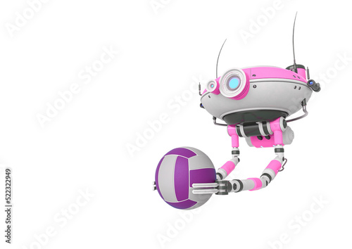 floating robot is holding volleyball ball in white background side view with copy space