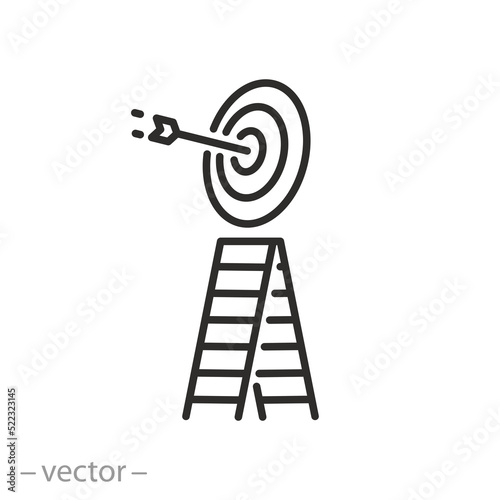 stairs to goal achievement icon, career success, ladder to target, thin line symbol on white background - editable stroke vector illustration