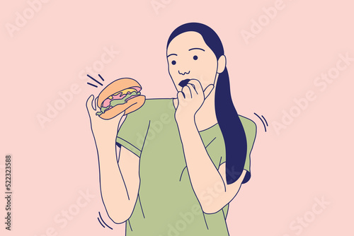 Illustrations Beautiful young woman eating a burger outdoors