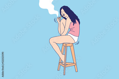 Illustrations Beautiful young woman sitting enjoy smoking with tradition pipe 