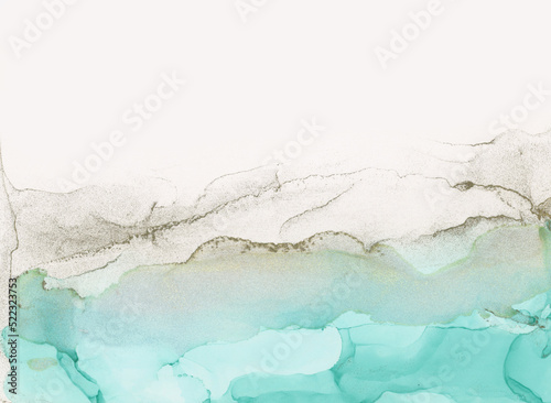 Art Abstract grain beige and blue watercolor and alcohol ink flow smear blot painting . Copy space canvas texture horizontal background.