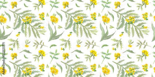 Digital horizontal seamless pattern with colorful wild flowers and leaves . White background.