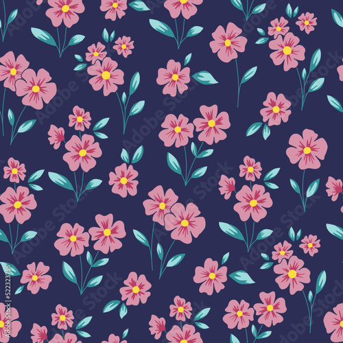 Seamless pattern of flowers. Floral vector print. Pink flowers on navy background