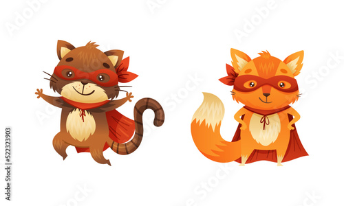 Superhero animal kids set. Funny fox and cat in red capes and masks cartoon vector illustration