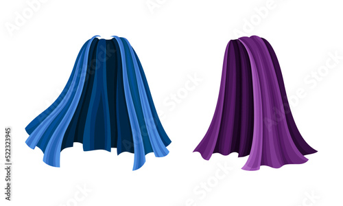 Blue and purple capes set. Silk flying cloak cartoon vector illustration