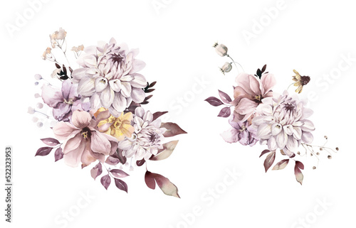 Fotobehang Watercolor Bouquets with Dahlias, Dried Flowers and Leaves.