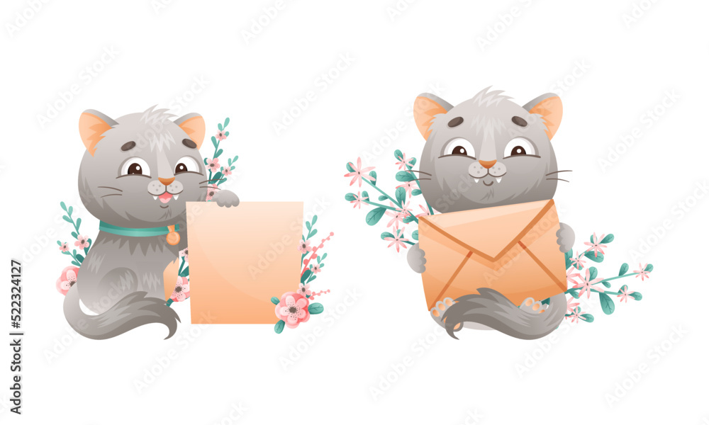 Obraz premium Cute grey kitten holding blank paper banner and postal envelope set. Lovey playing cat animal cartoon vector illustration