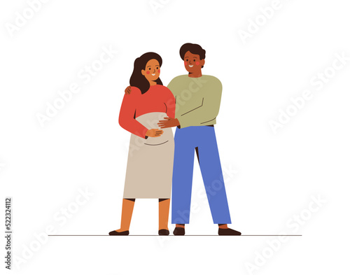 Young multicultural couple expect the baby. Man embraces his pregnant wife. Husband supports his wife who waiting a child. Family concept. Vector illustration