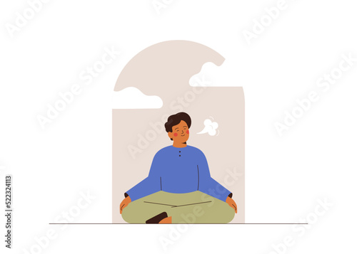 Calm man meditating in the window for saving mental health. Young male relaxing in lotus posture and doing breathing exercises. Balance, harmony and mindfulness concept. Vector illustration