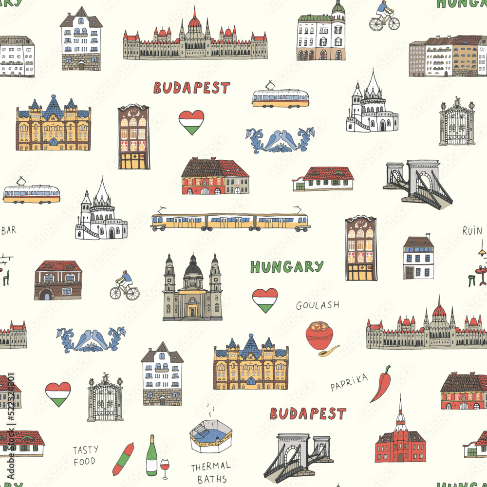 Naklejka premium Travel Budapest Hungary vector seamless pattern