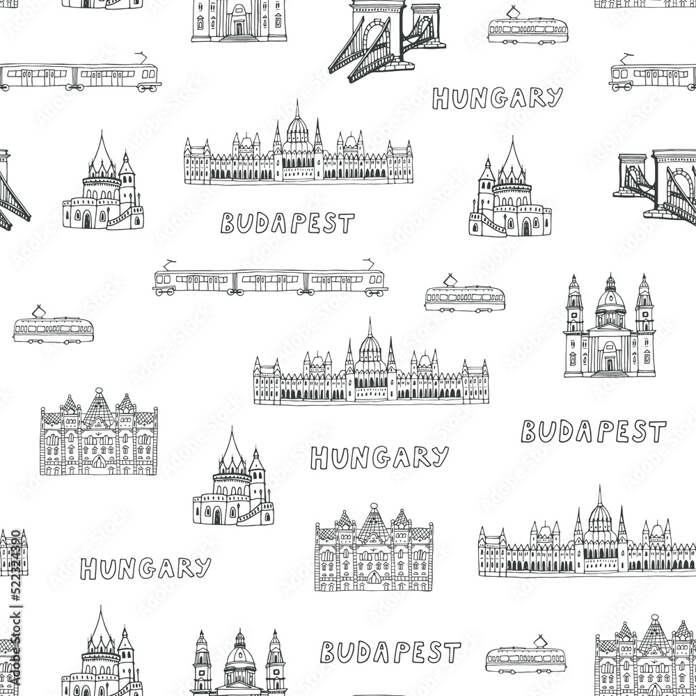 Obraz premium Travel Budapest Hungary vector line seamless pattern