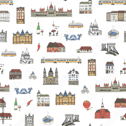 Travel Budapest Hungary vector seamless pattern