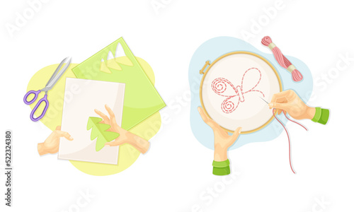 Top view of hands creating crafts set. Hands embroidering butterfly on canvas and making applique vector illustration