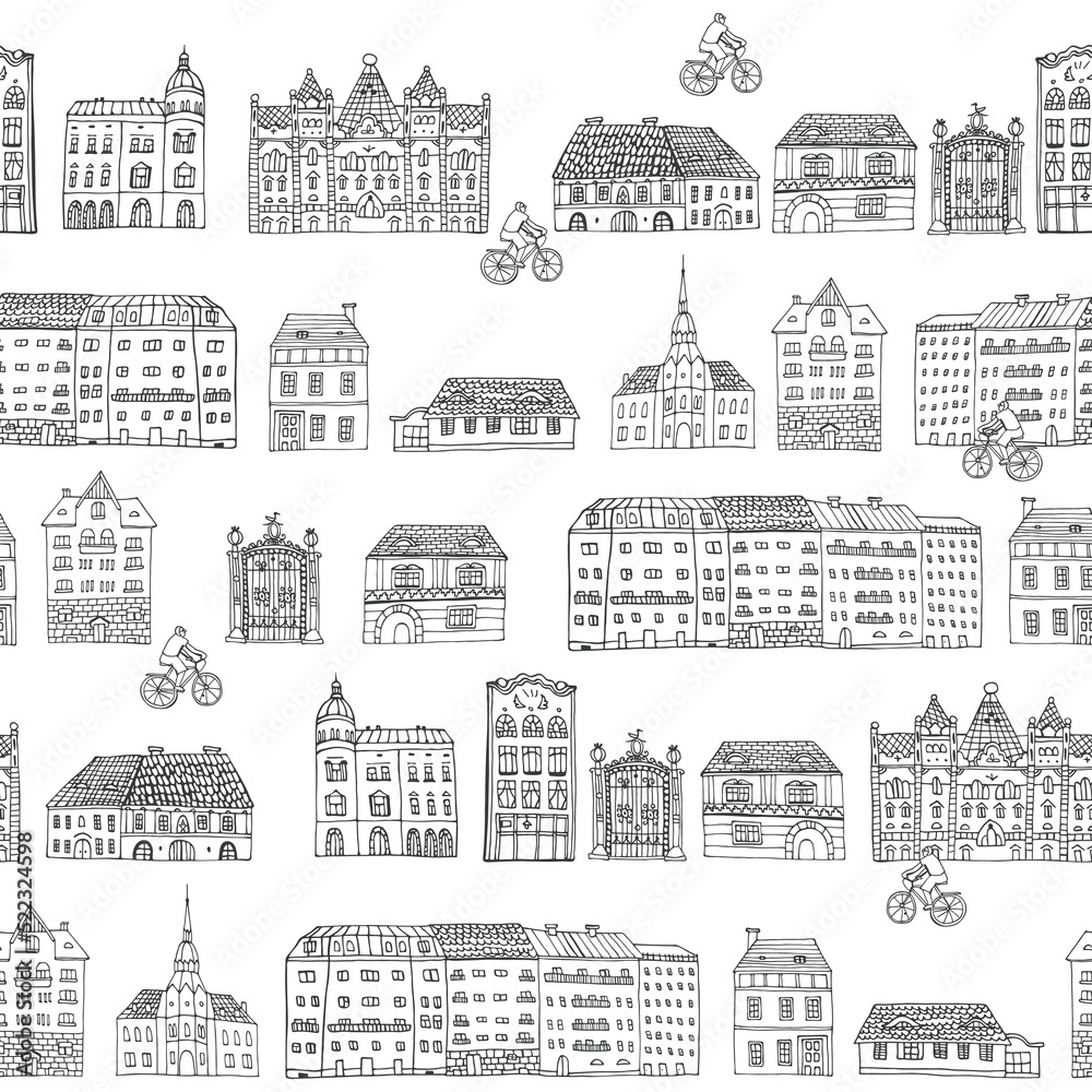 Travel Budapest Hungary cute european street with bike and houses vector seamless line pattern