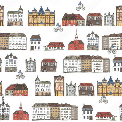 Travel Budapest Hungary cute european street with bike and houses vector seamless pattern