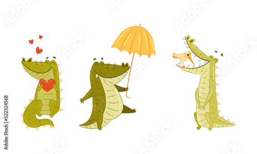 Cute Green Toothy Crocodile Holding Heart, Walking with Umbrella and Bird Brushing Teeth Vector Set