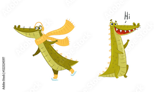 Cute Green Toothy Crocodile Character in Scarf Figure Skating and Greeting Saying Hi Vector Set
