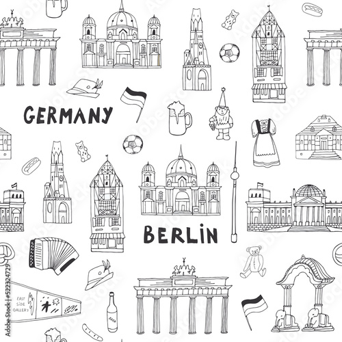 Travel Berlin Germany vector line seamless pattern