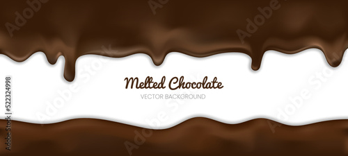 Dripping melted dark or milk chocolate isolated on white background. Realistic illustration of brown cream sauce or syrup flow. Horizontal border elements. Vector 3d drops of liquid cocoa