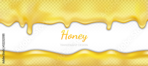Honey isolated on transparent background. Delicious drops, for desert, menu, web site banner. Golden butter, caramel, confectionery syrup. Vector template of melted bee honey or cream.