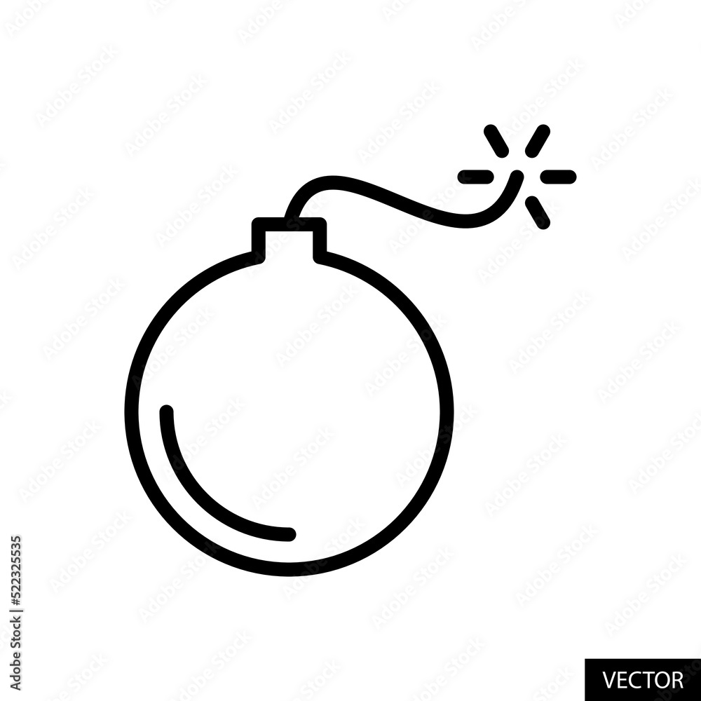 Bomb vector icon in line style design for website design, app, UI, isolated on white background. Editable stroke. Vector illustration. Bomb vector icon in line style design for website design, app, UI, isolated on white background. Editable stroke. Vector illustration.